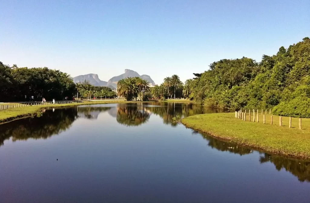 Em um dia de sol, lago do Bosque da Barra com grama, pessoas, plantas e árvores ao redor