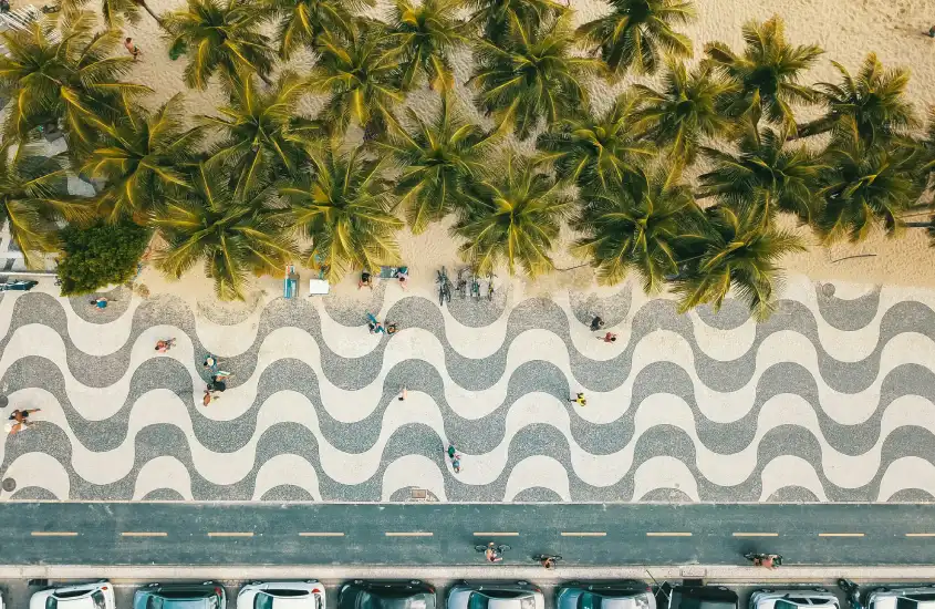 Vista aérea da Praia de Copacabana com calçadão, rua e árvores