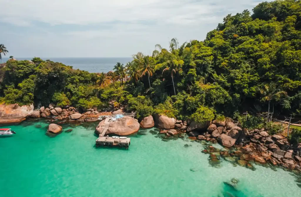 Em um dia de sol, paisagem de uma praia com água cristalina, árvores e pedras ao redor