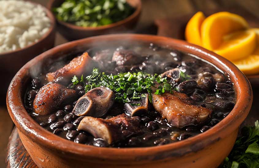 Feijoada com arroz, cheiro verde e fatias laranja