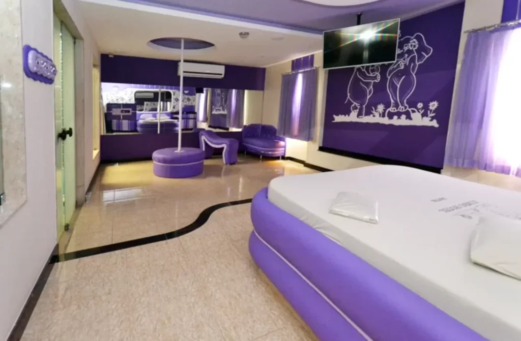 Quarto do Jumbo Hotel com cama de casal, pole dance, espelho, TV e móveis roxos