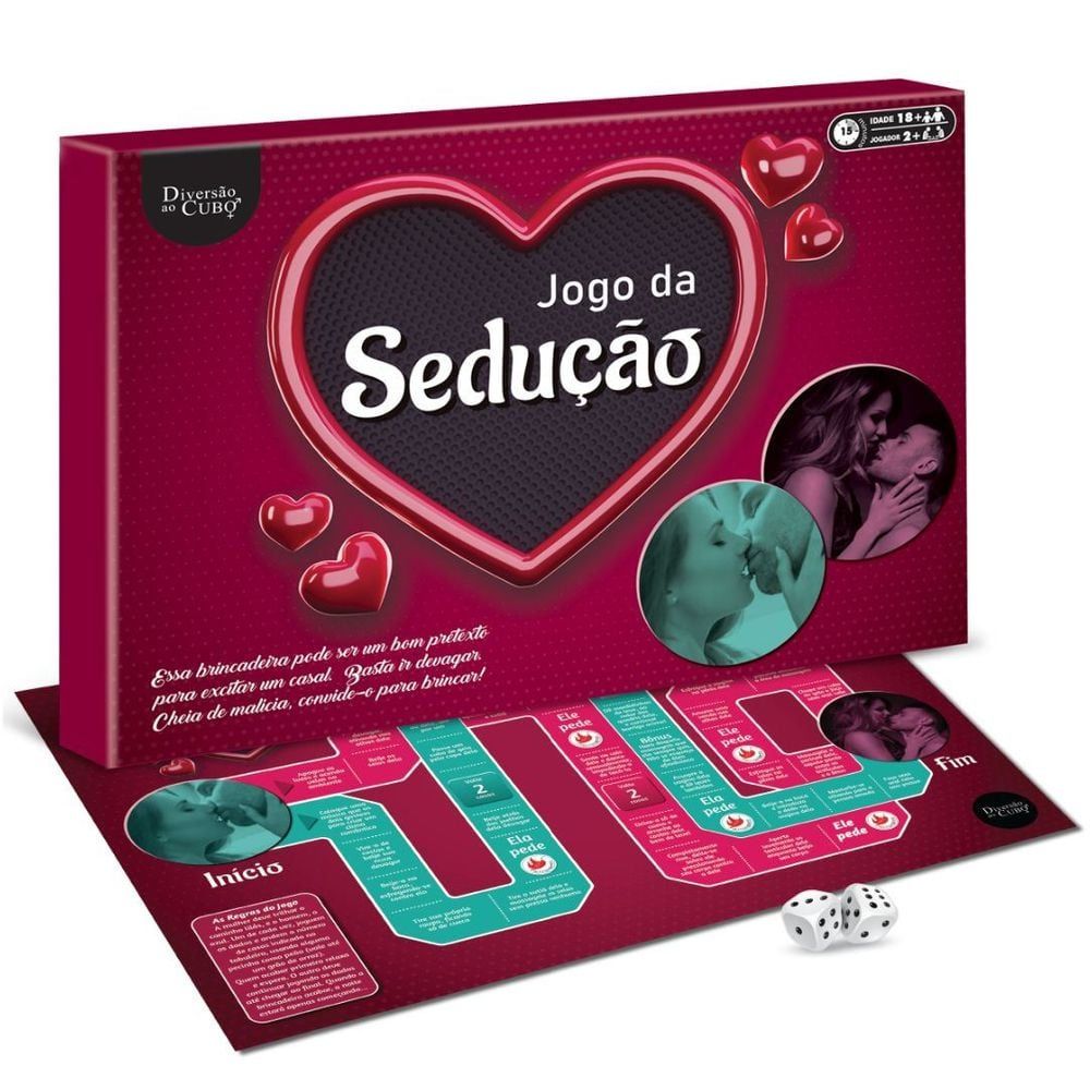 Jogo de sedução rosa e verde com tabuleiro e dados embaixo